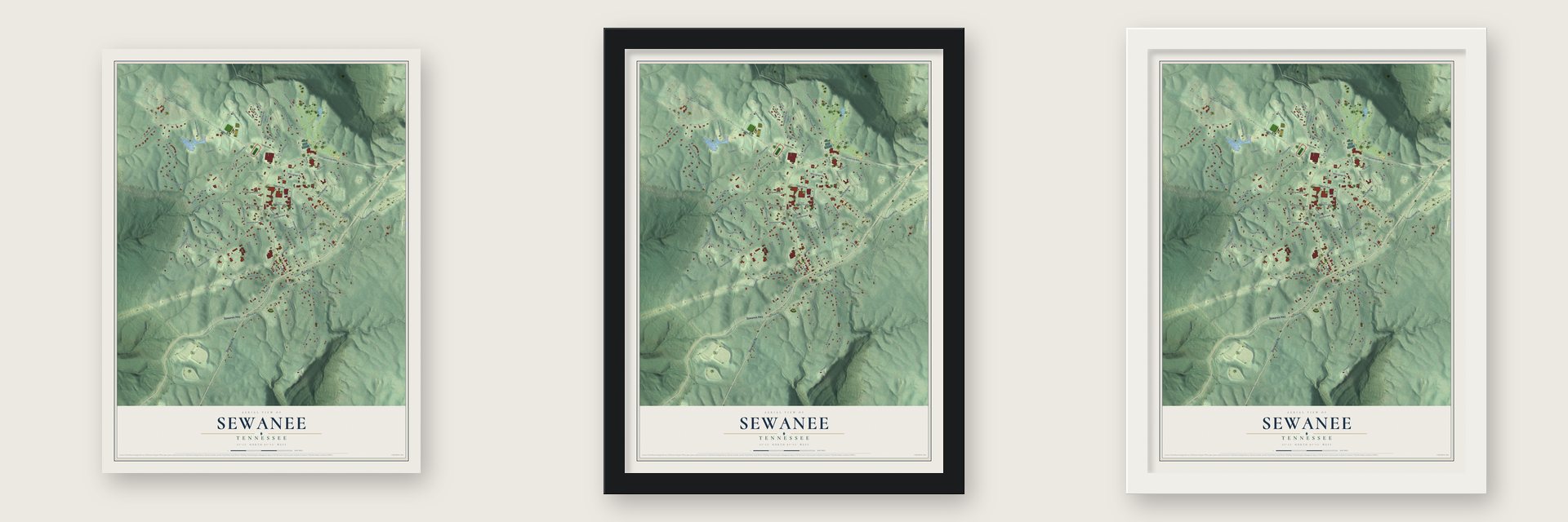Sewanee, Tennessee map unframed, in a black wood frame and in a white wood frame