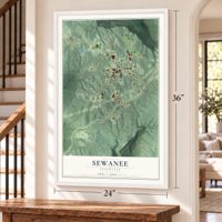 Sewanee, Tennessee map, 24 x 36 inch print in a white frame by a staircase