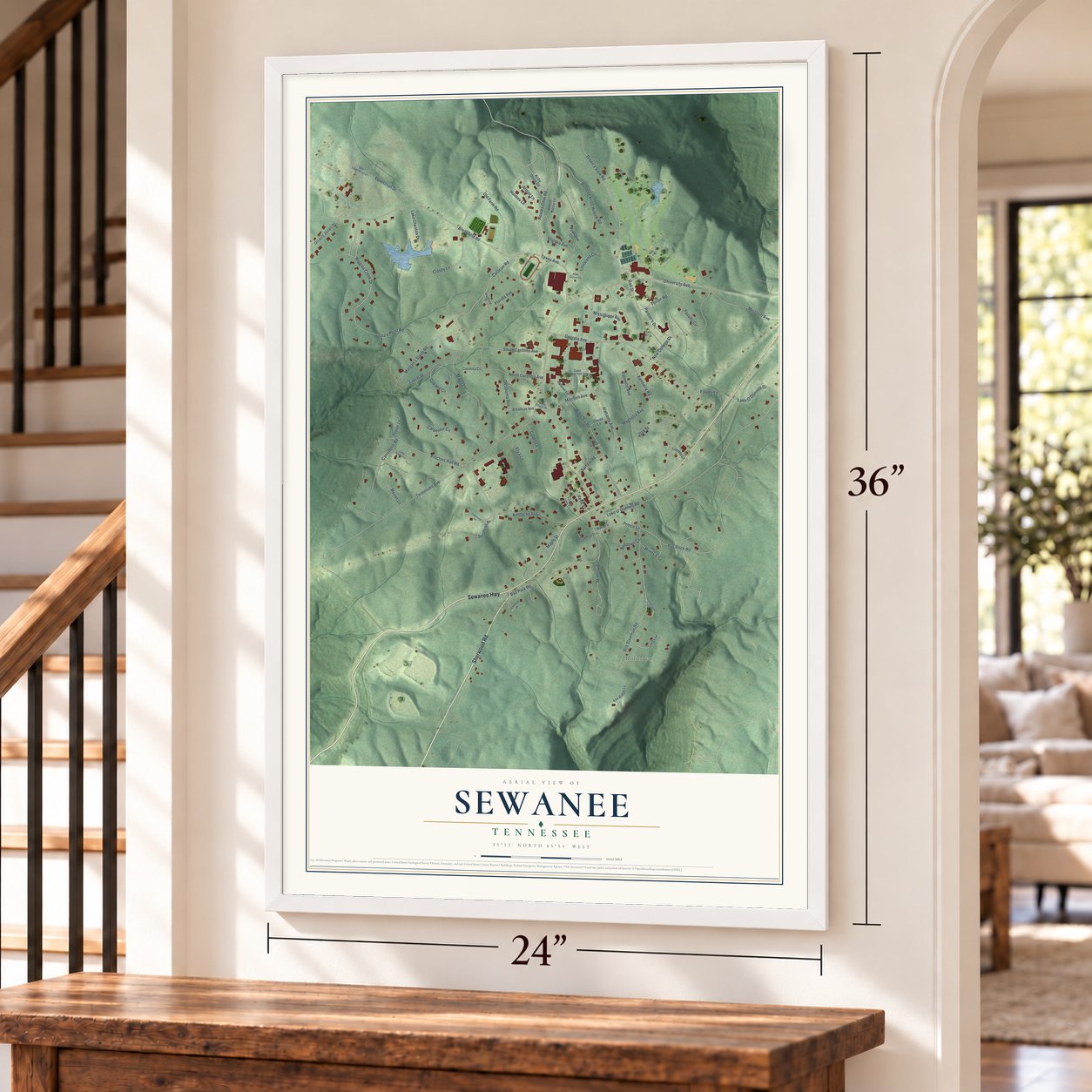 Sewanee, Tennessee map, 24 x 36 inch print in a white frame by a staircase