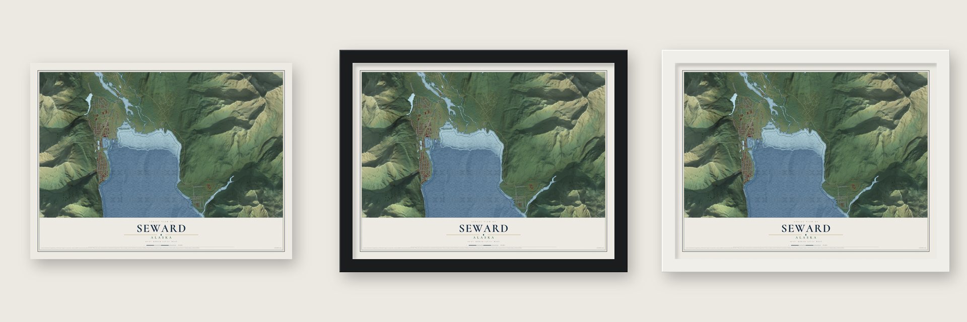 Seward, Alaska map unframed, in a black wood frame and in a white wood frame
