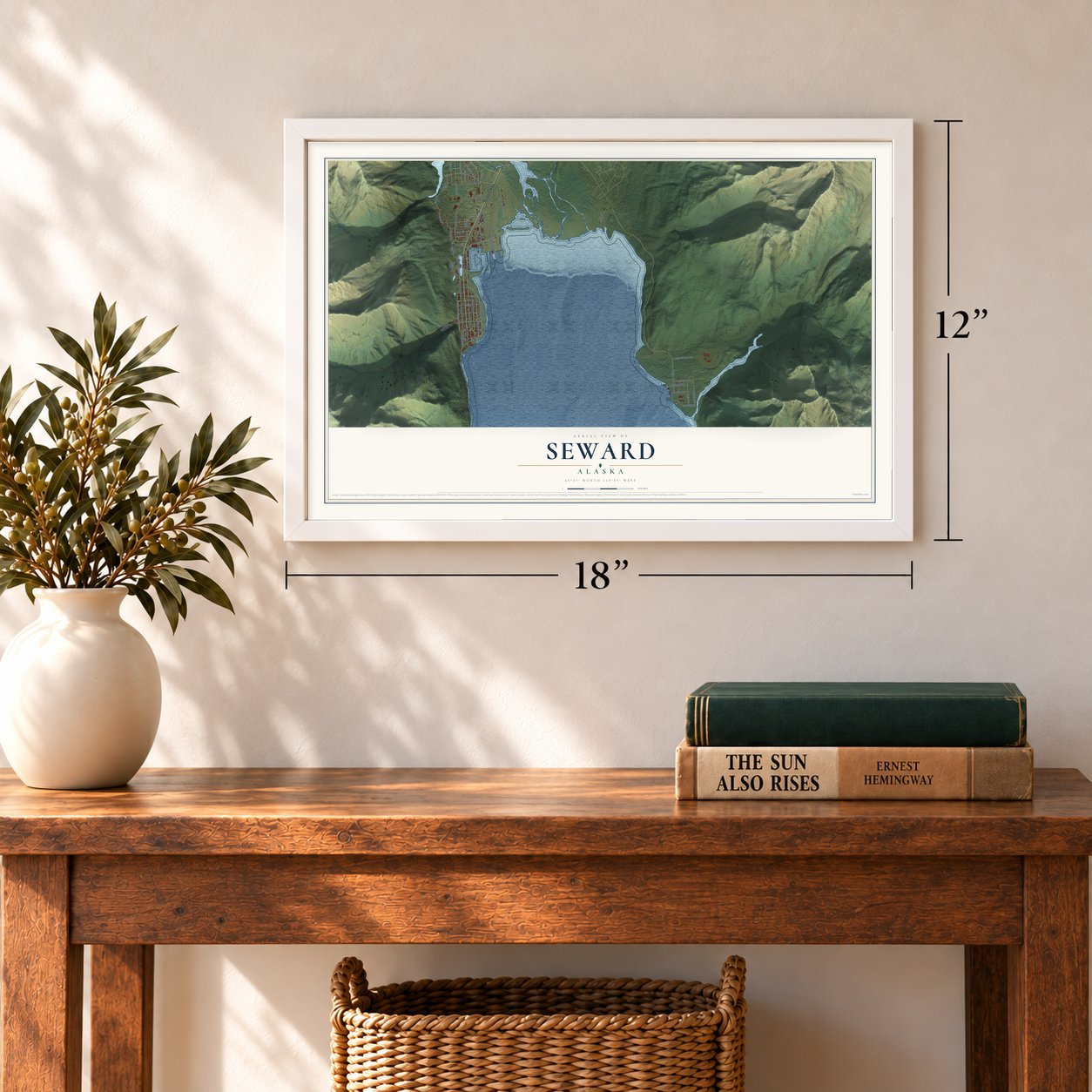 Seward, Alaska map, 12 x 18 inch print in a white frame in an entryway