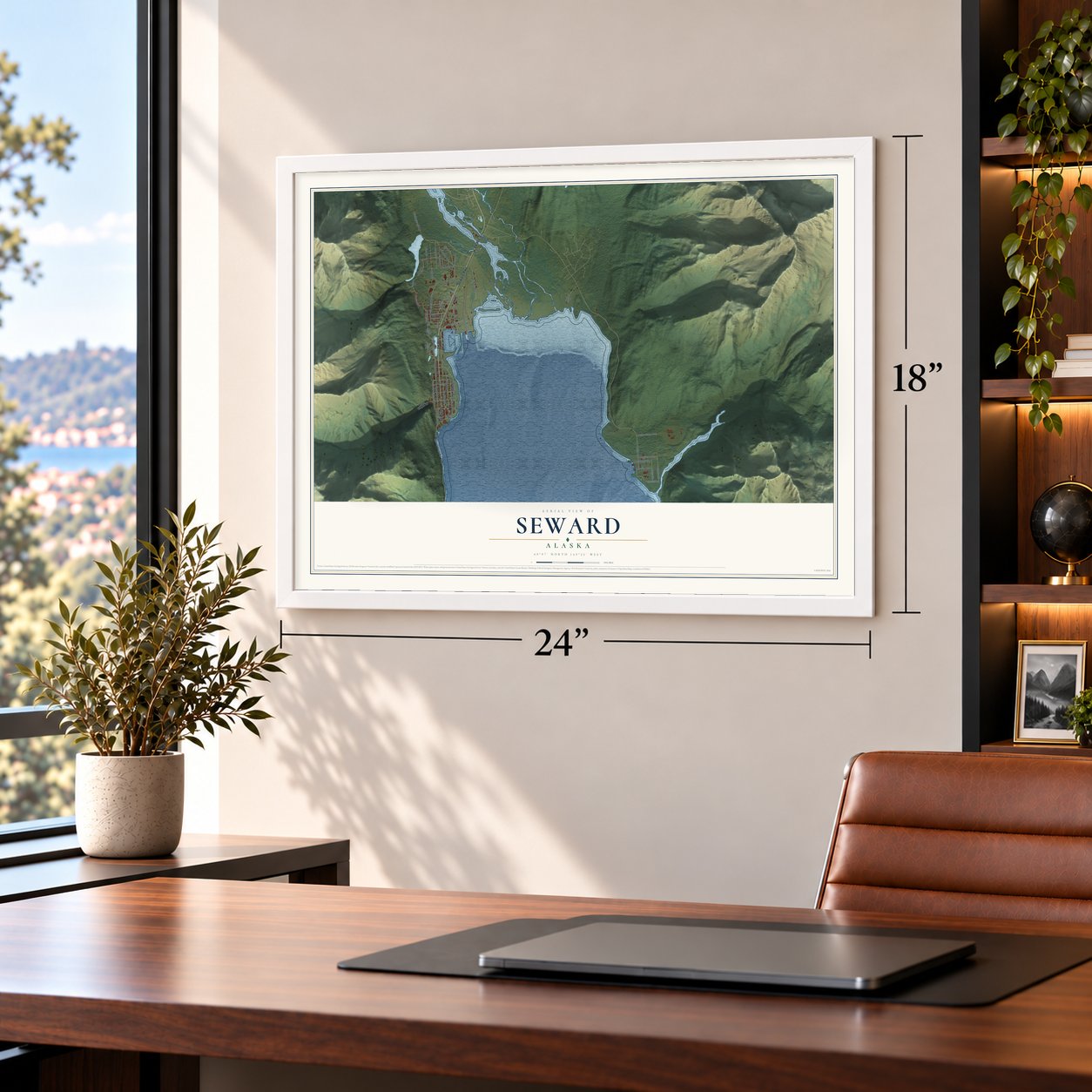 Seward, Alaska map, 18 x 24 inch print in a white frame in a home office