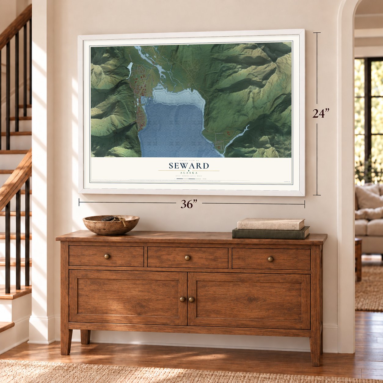 Seward, Alaska map, 24 x 36 inch print in a white frame above a dresser by a staircase