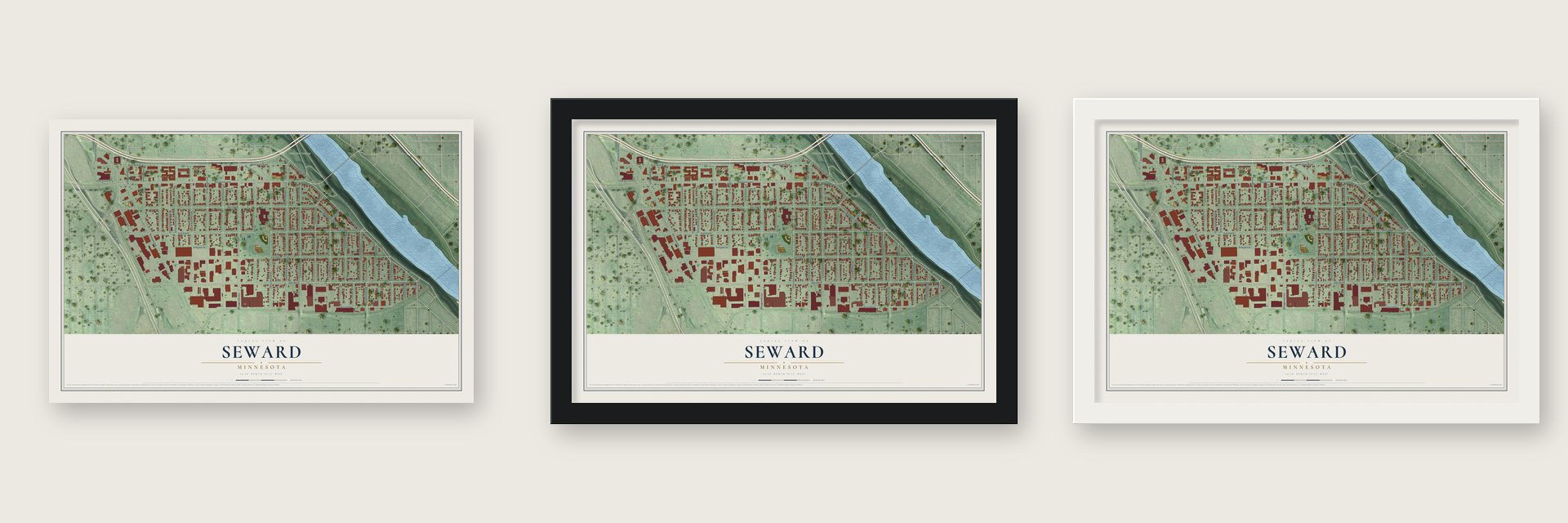 Seward, Minnesota map unframed, in a black wood frame and in a white wood frame
