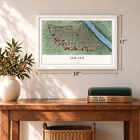 Seward, Minnesota map, 12 x 18 inch print in a white frame in an entryway