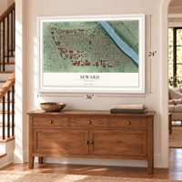 Seward, Minnesota map, 24 x 36 inch print in a white frame above a dresser by a staircase