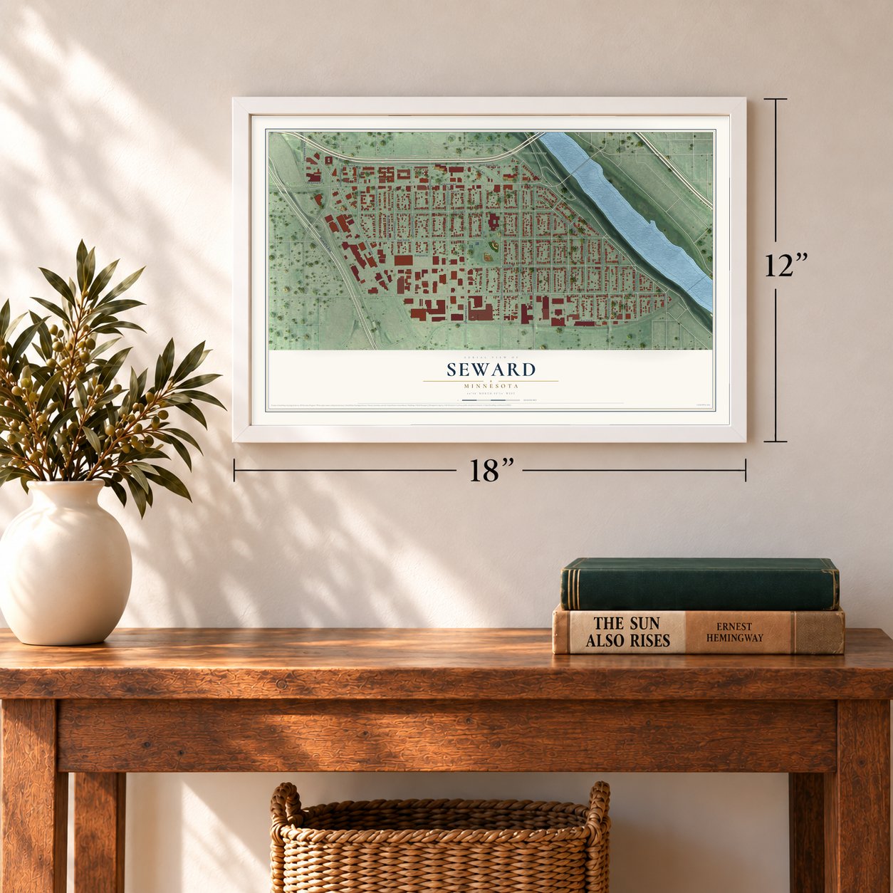 Seward, Minnesota map, 12 x 18 inch print in a white frame in an entryway