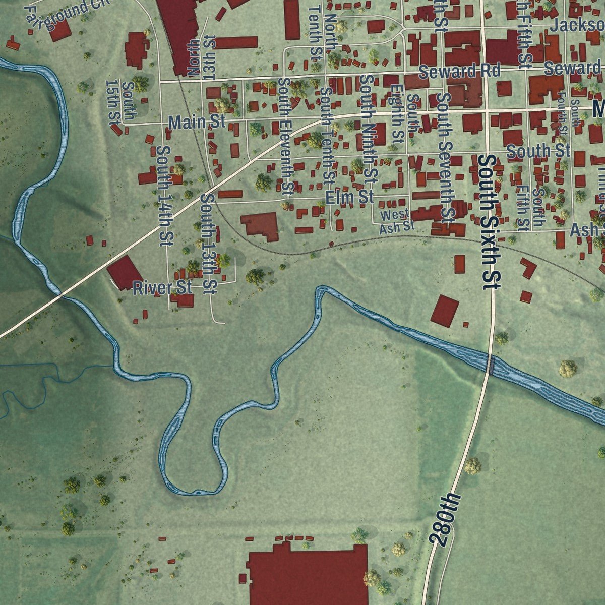 Second close-up of the map of Seward, Nebraska print showing more streets and buildings