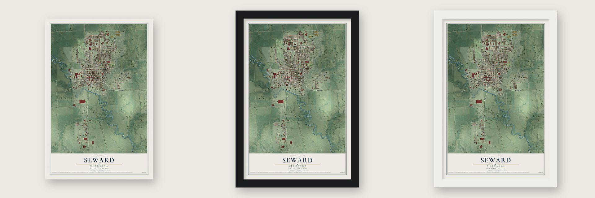 Seward, Nebraska map unframed, in a black wood frame and in a white wood frame