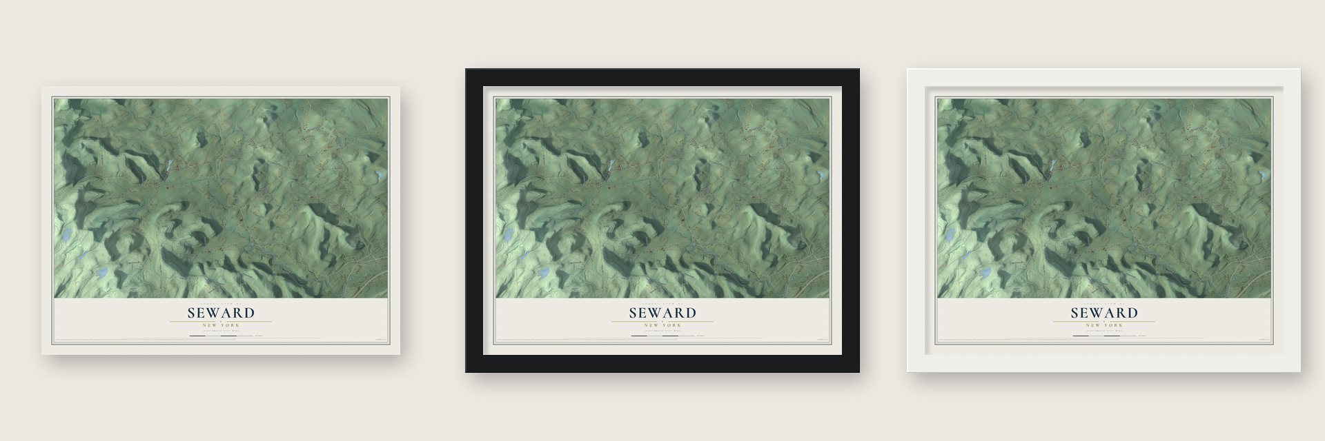 Seward, New York map unframed, in a black wood frame and in a white wood frame
