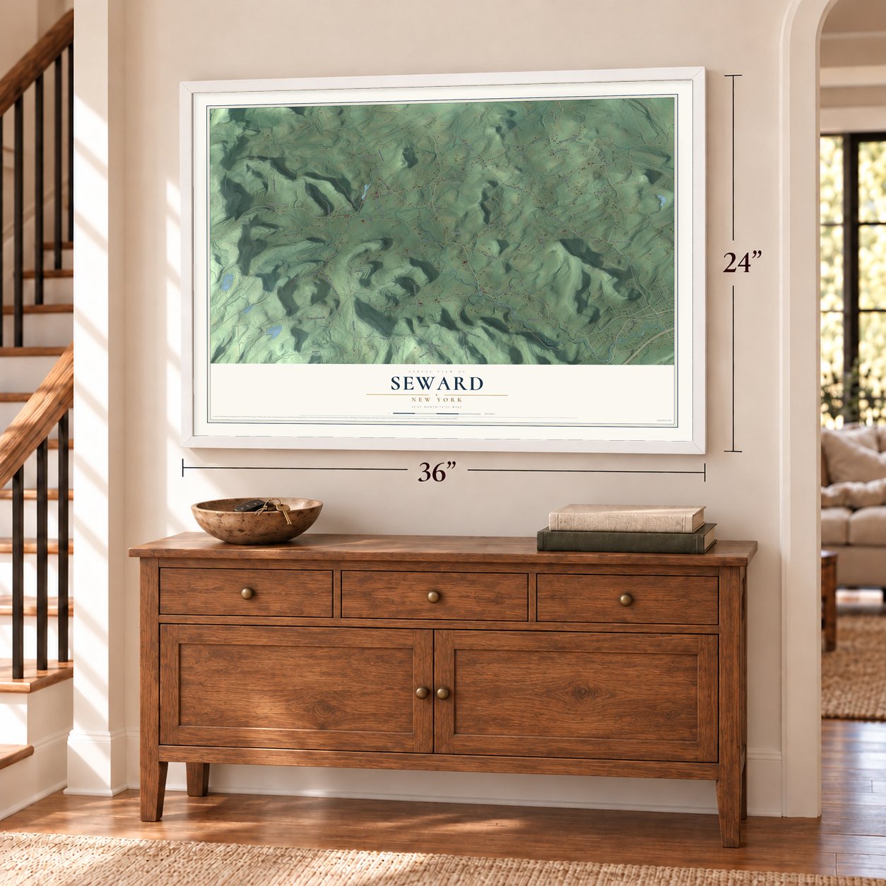 Seward, New York map, 24 x 36 inch print in a white frame above a dresser by a staircase
