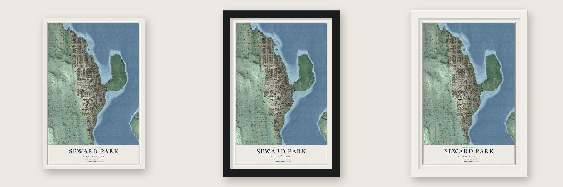 Seward Park, Washington map unframed, in a black wood frame and in a white wood frame