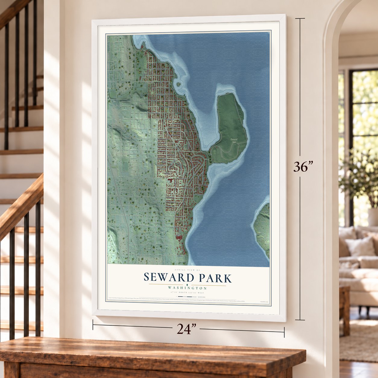 Seward Park, Washington map, 24 x 36 inch print in a white frame by a staircase