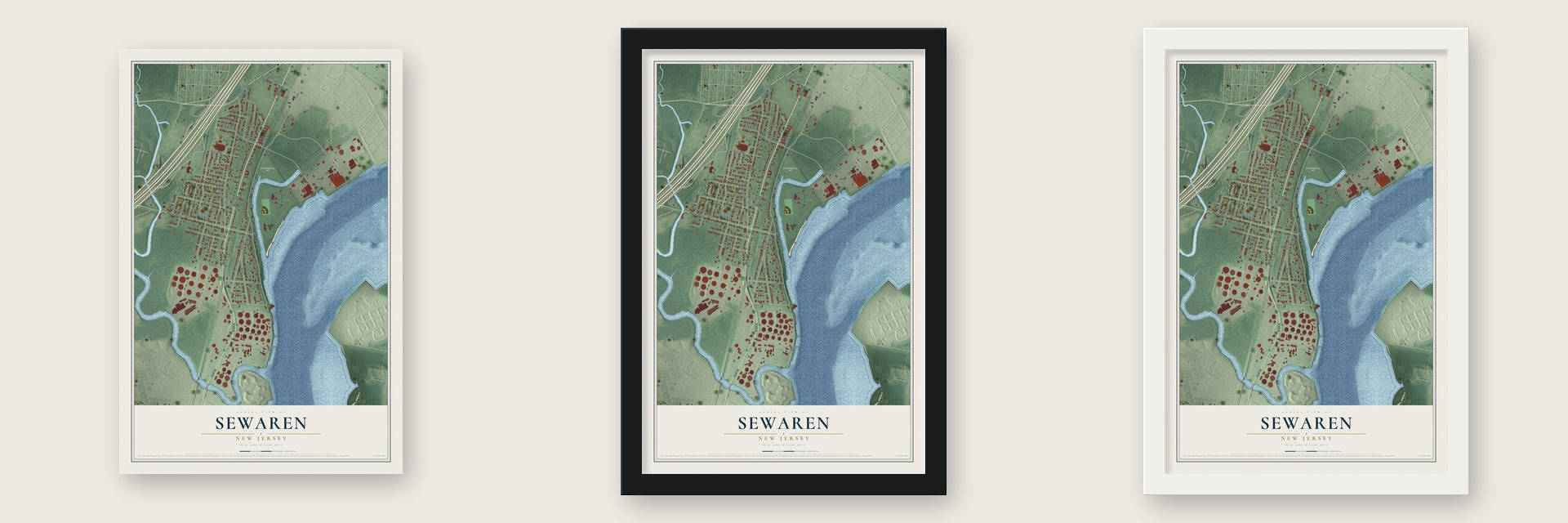 Sewaren, New Jersey map unframed, in a black wood frame and in a white wood frame