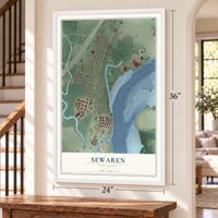 Sewaren, New Jersey map, 24 x 36 inch print in a white frame by a staircase