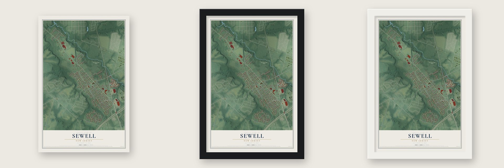 Sewell, New Jersey map unframed, in a black wood frame and in a white wood frame