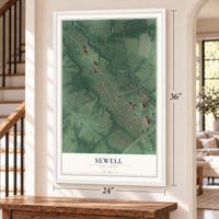 Sewell, New Jersey map, 24 x 36 inch print in a white frame by a staircase