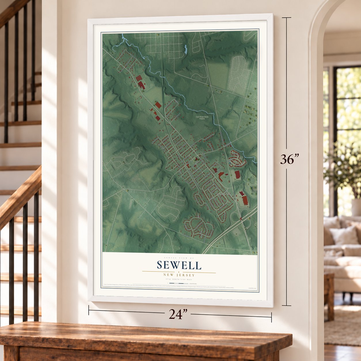 Sewell, New Jersey map, 24 x 36 inch print in a white frame by a staircase
