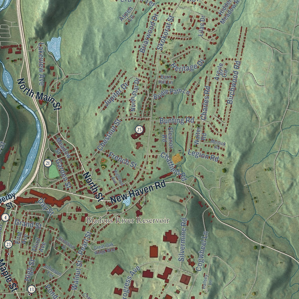 Second close-up of the map of Seymour, Connecticut print showing more streets and buildings