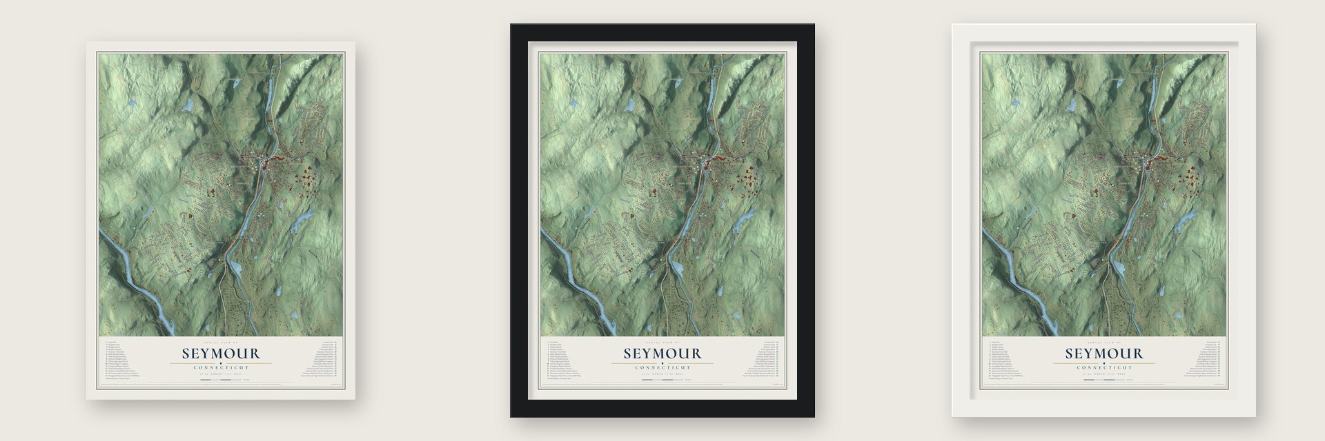 Seymour, Connecticut map unframed, in a black wood frame and in a white wood frame