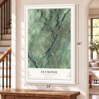 Seymour, Connecticut map, 24 x 36 inch print in a white frame by a staircase