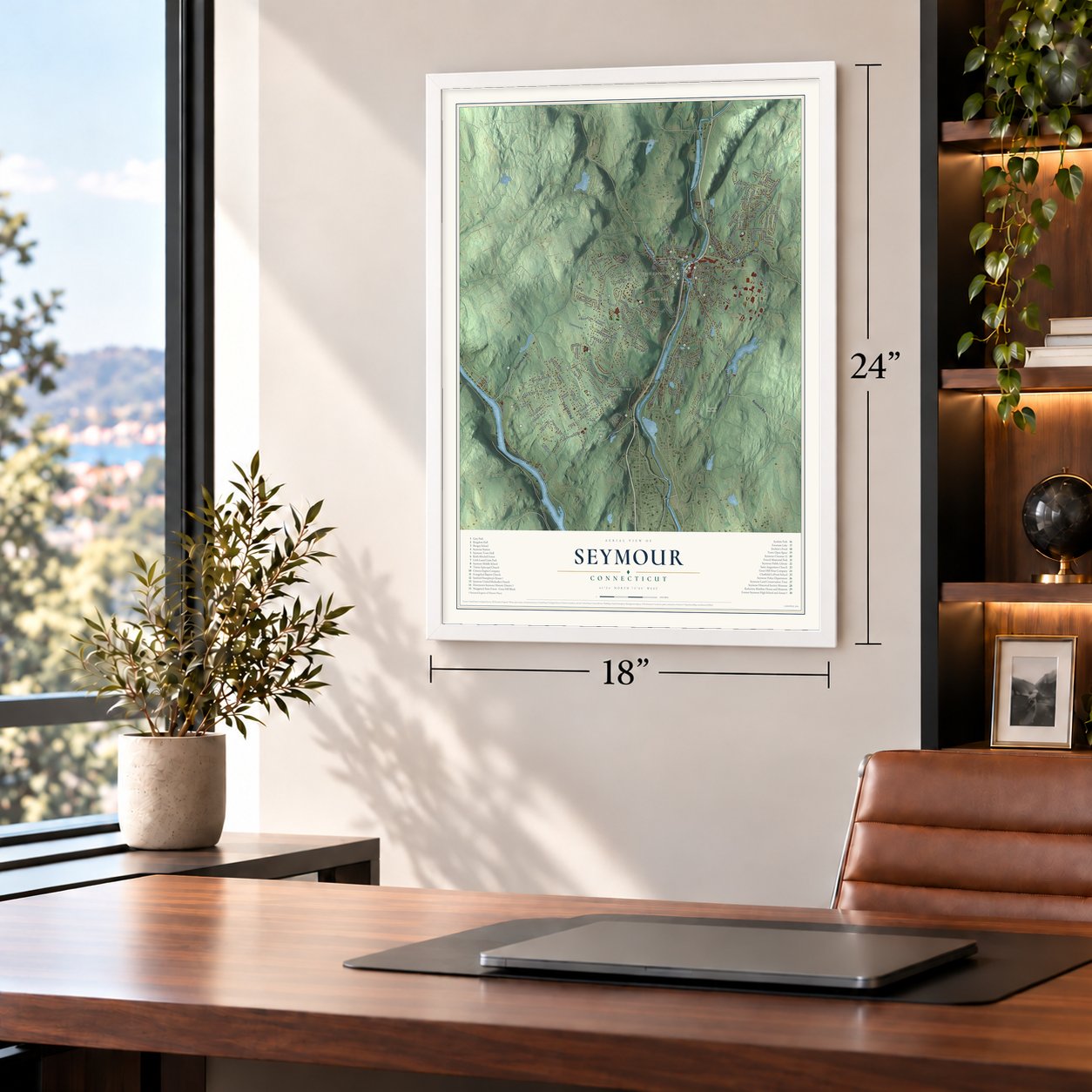 Seymour, Connecticut map, 18 x 24 inch print in a white frame in a home office