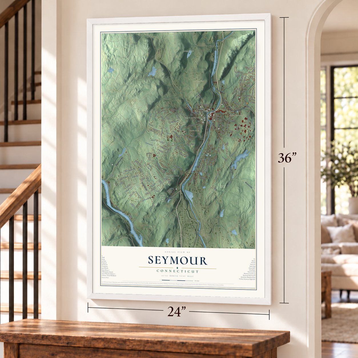 Seymour, Connecticut map, 24 x 36 inch print in a white frame by a staircase