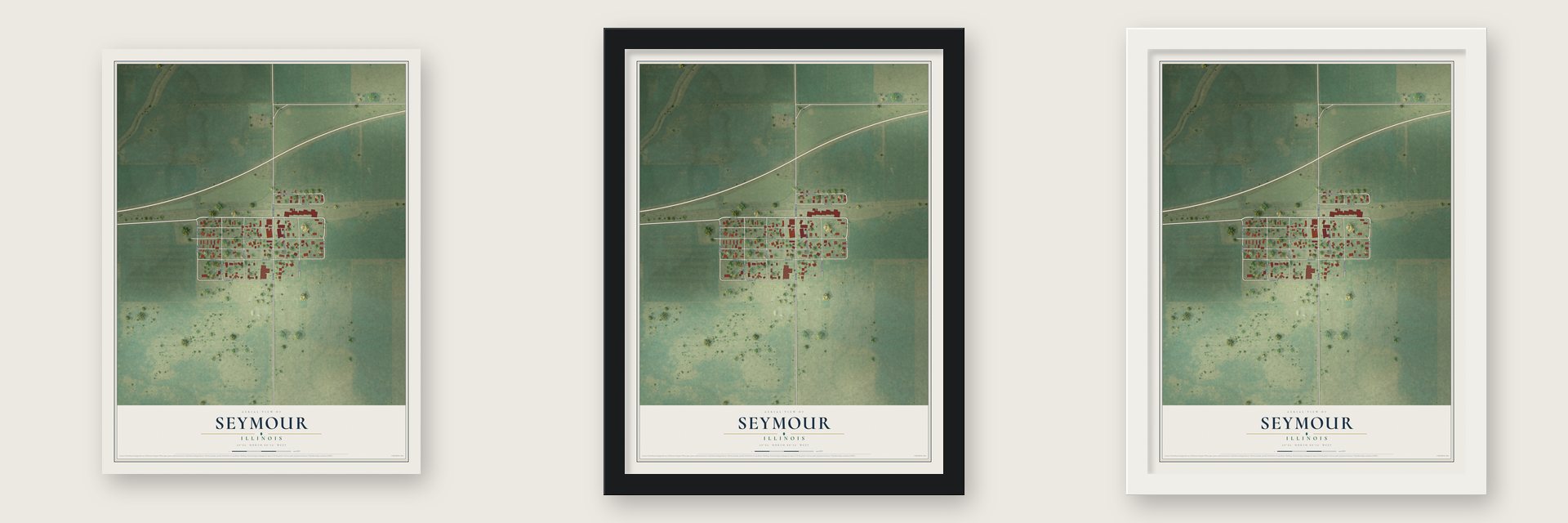 Seymour, Illinois map unframed, in a black wood frame and in a white wood frame