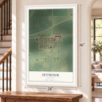 Seymour, Illinois map, 24 x 36 inch print in a white frame by a staircase