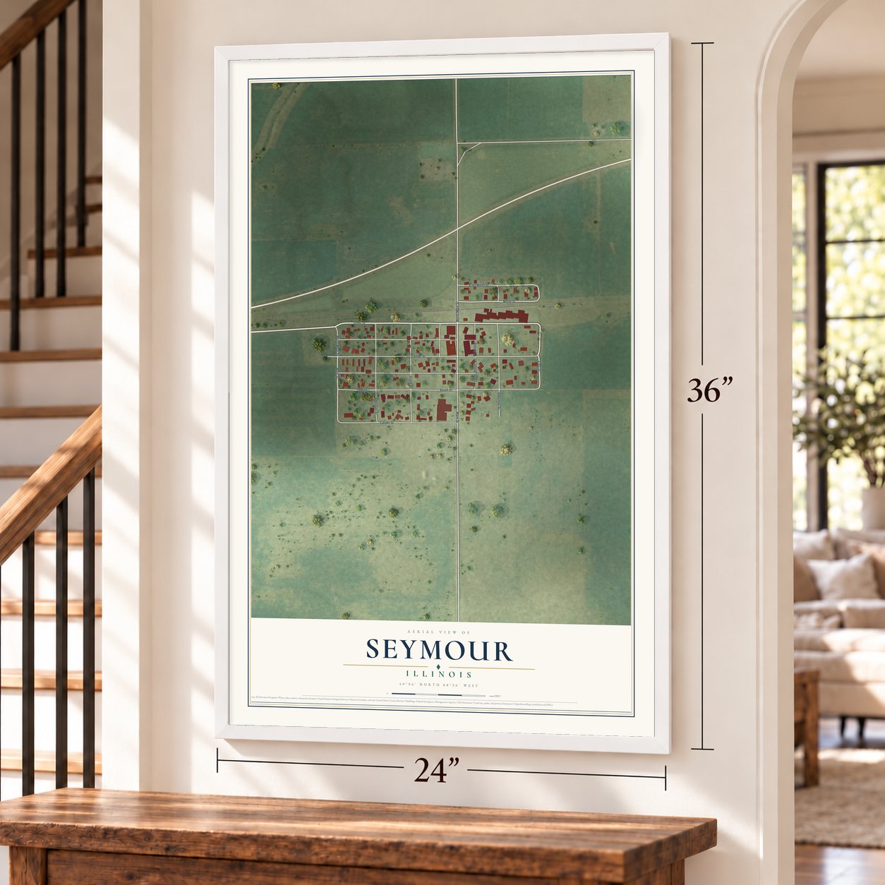 Seymour, Illinois map, 24 x 36 inch print in a white frame by a staircase