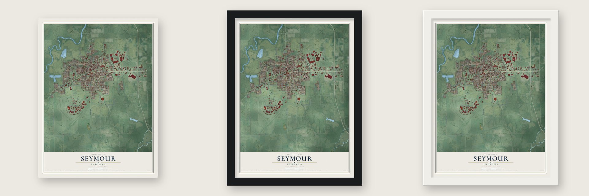 Seymour, Indiana map unframed, in a black wood frame and in a white wood frame
