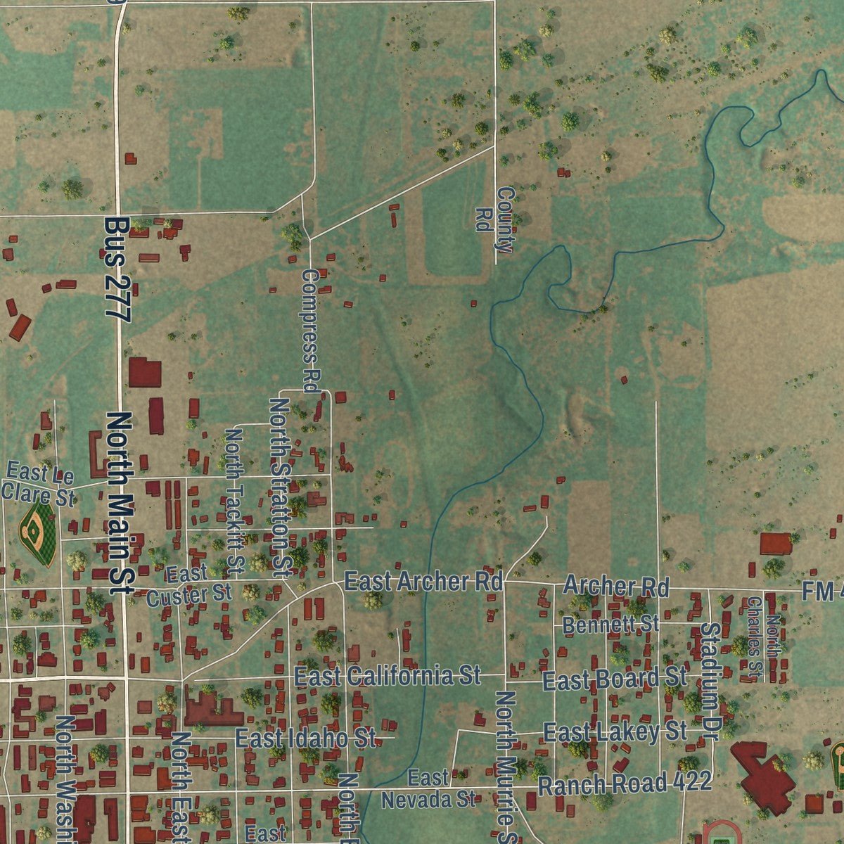 Second close-up of the map of Seymour, Texas print showing more streets and buildings