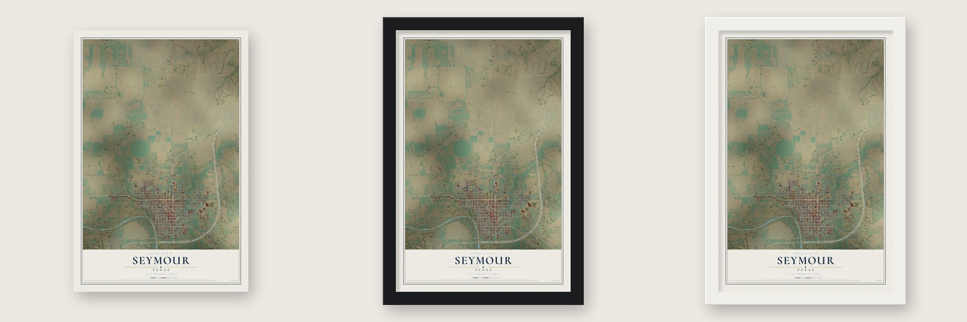 Seymour, Texas map unframed, in a black wood frame and in a white wood frame