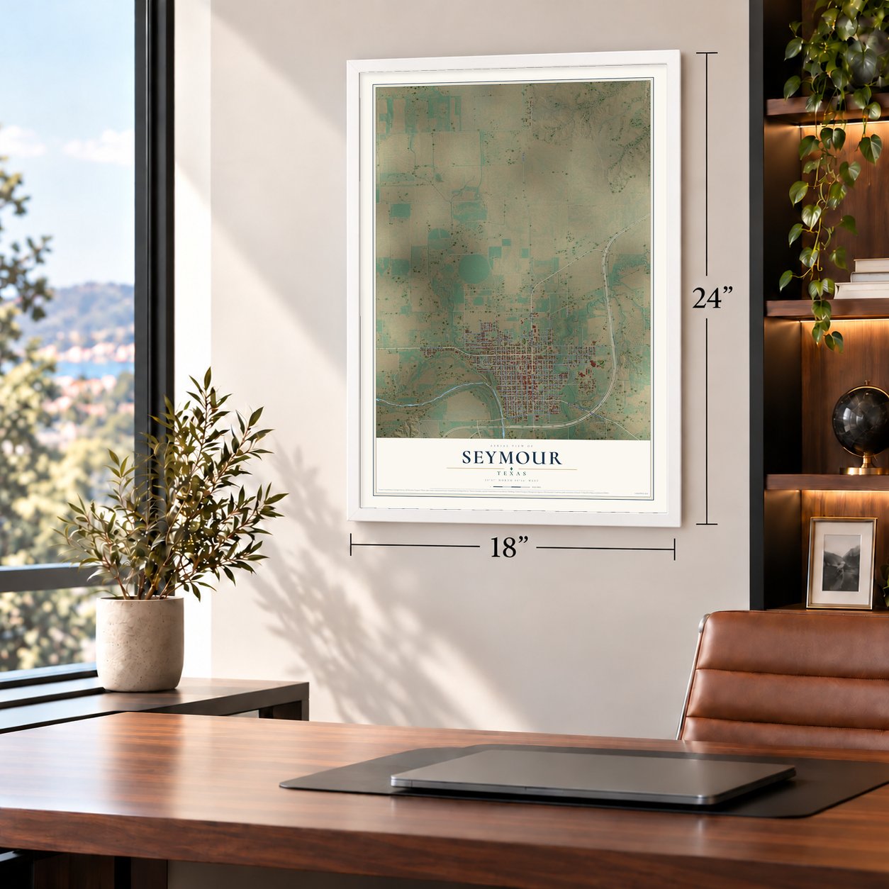 Seymour, Texas map, 18 x 24 inch print in a white frame in a home office