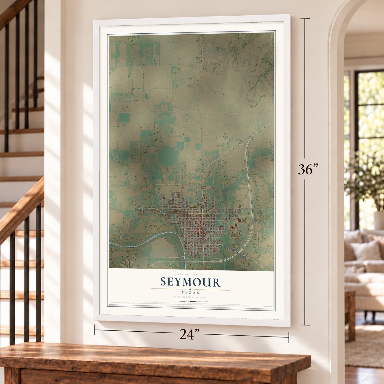Seymour, Texas map, 24 x 36 inch print in a white frame by a staircase