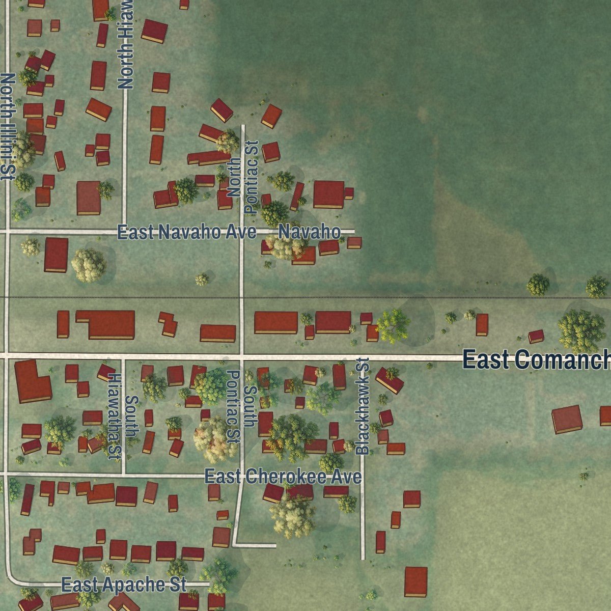Second close-up of the map of Shabbona, Illinois print showing more streets and buildings