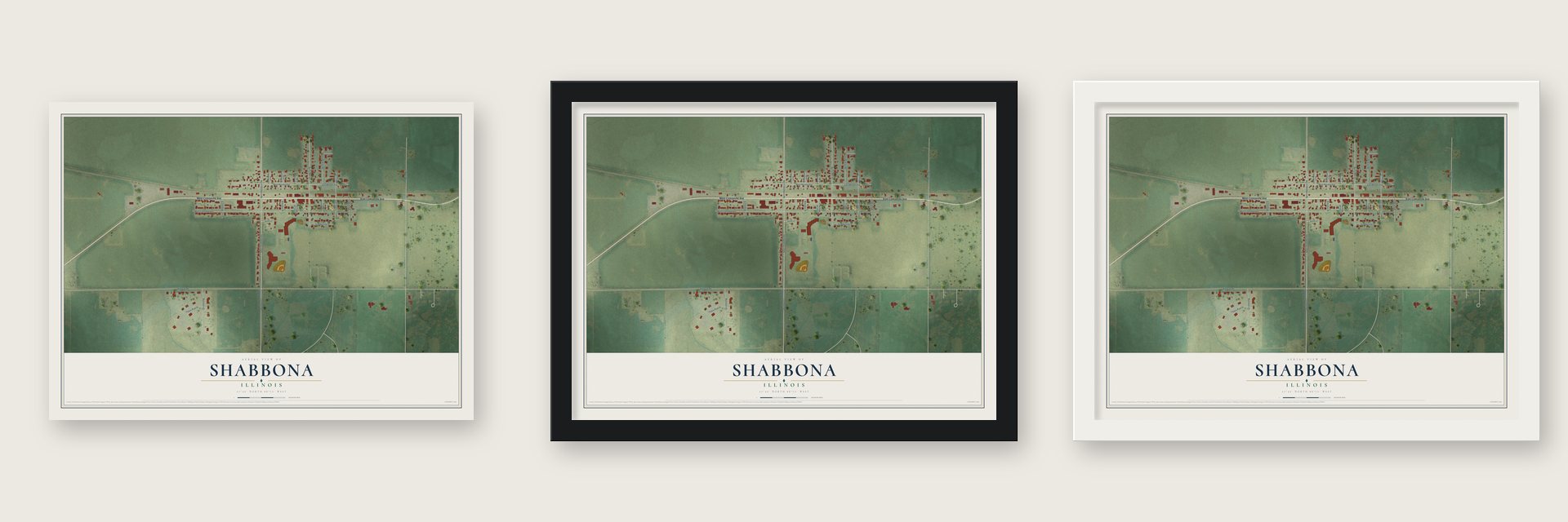 Shabbona, Illinois map unframed, in a black wood frame and in a white wood frame