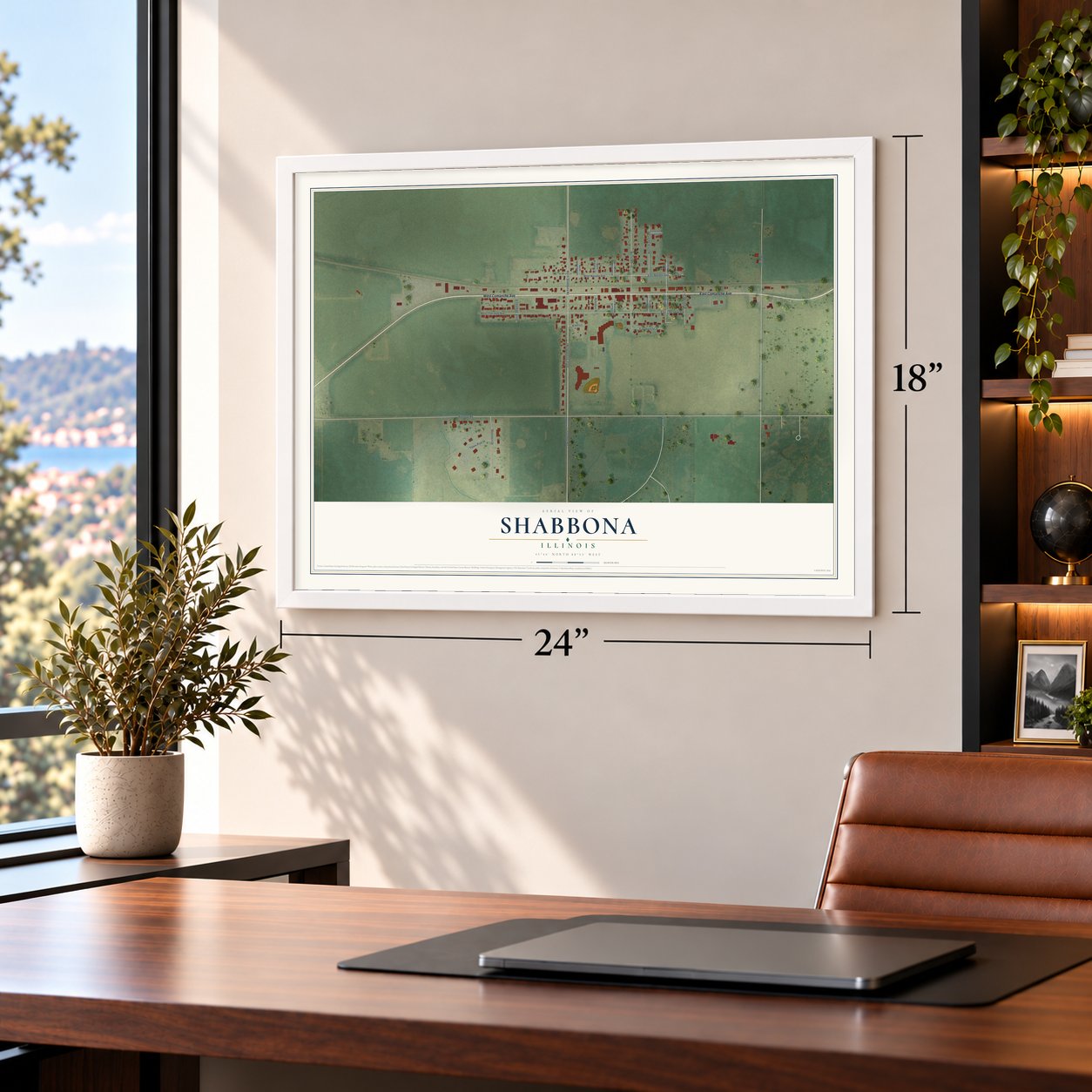 Shabbona, Illinois map, 18 x 24 inch print in a white frame in a home office