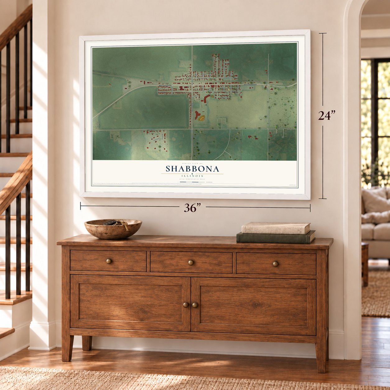 Shabbona, Illinois map, 24 x 36 inch print in a white frame above a dresser by a staircase
