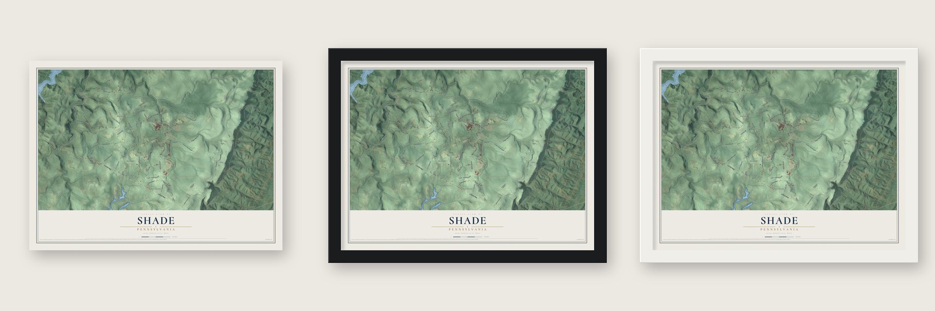 Shade, Pennsylvania map unframed, in a black wood frame and in a white wood frame