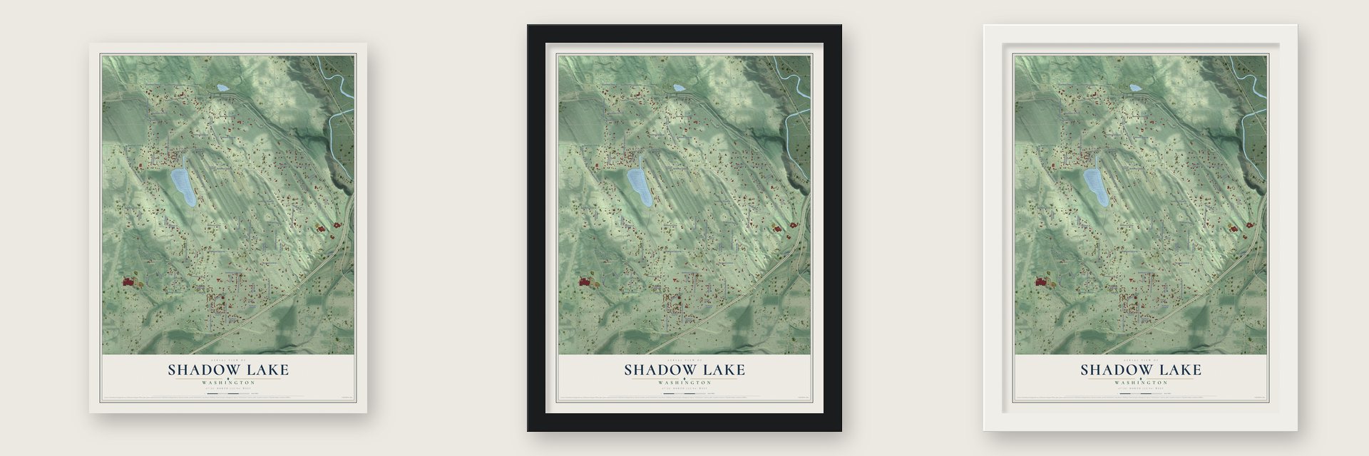 Shadow Lake, Washington map unframed, in a black wood frame and in a white wood frame
