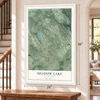 Shadow Lake, Washington map, 24 x 36 inch print in a white frame by a staircase