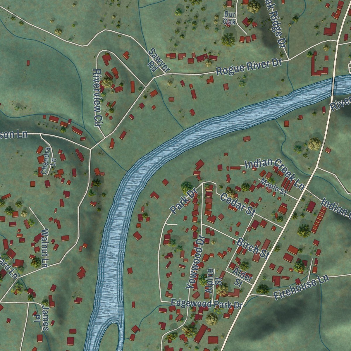 Second close-up of the map of Shady Cove, Oregon print showing more streets and buildings