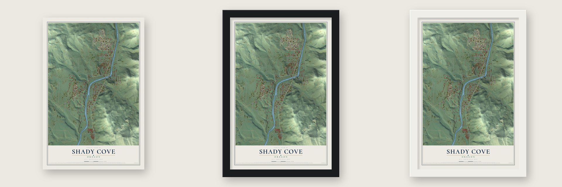 Shady Cove, Oregon map unframed, in a black wood frame and in a white wood frame