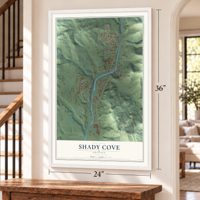 Shady Cove, Oregon map, 24 x 36 inch print in a white frame by a staircase