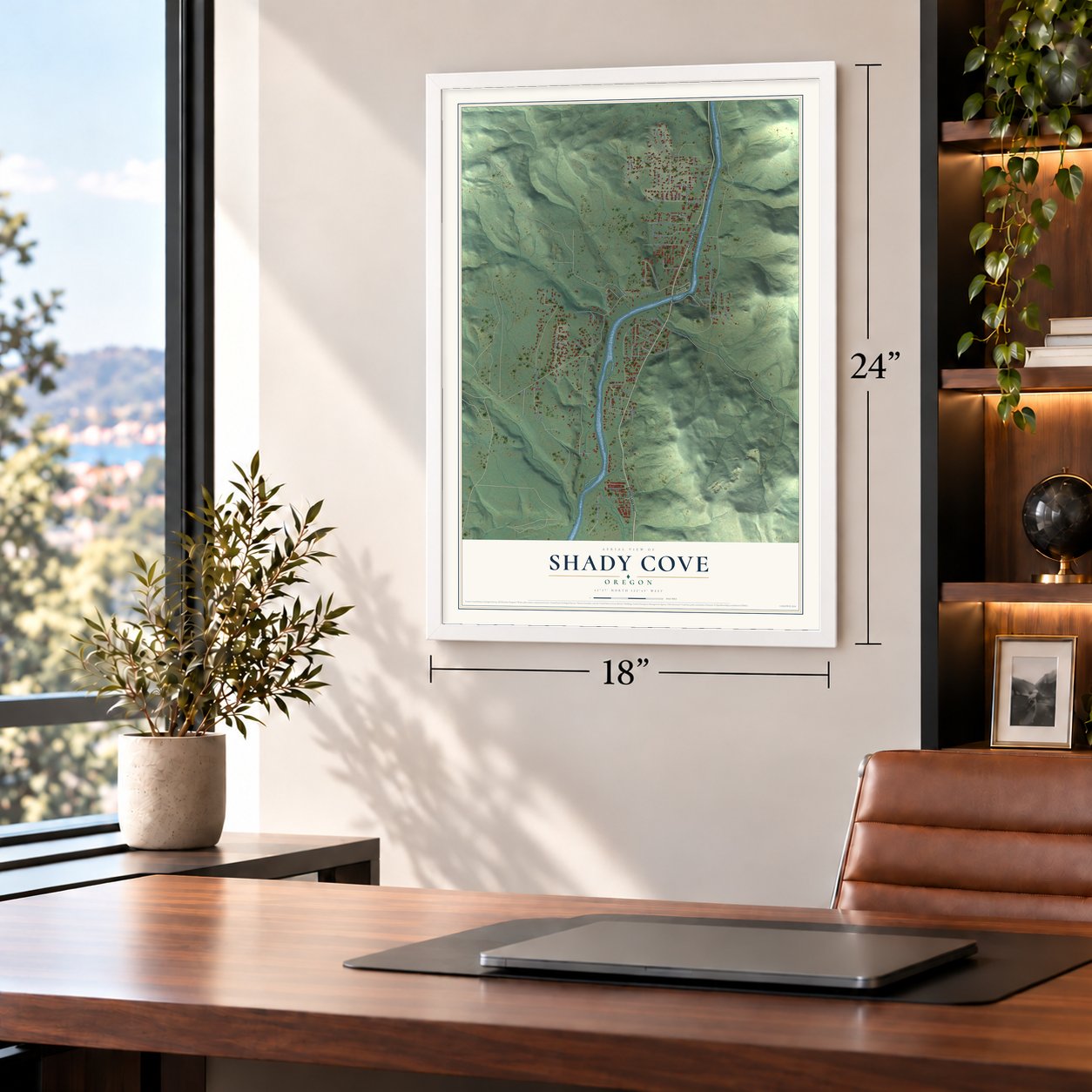 Shady Cove, Oregon map, 18 x 24 inch print in a white frame in a home office