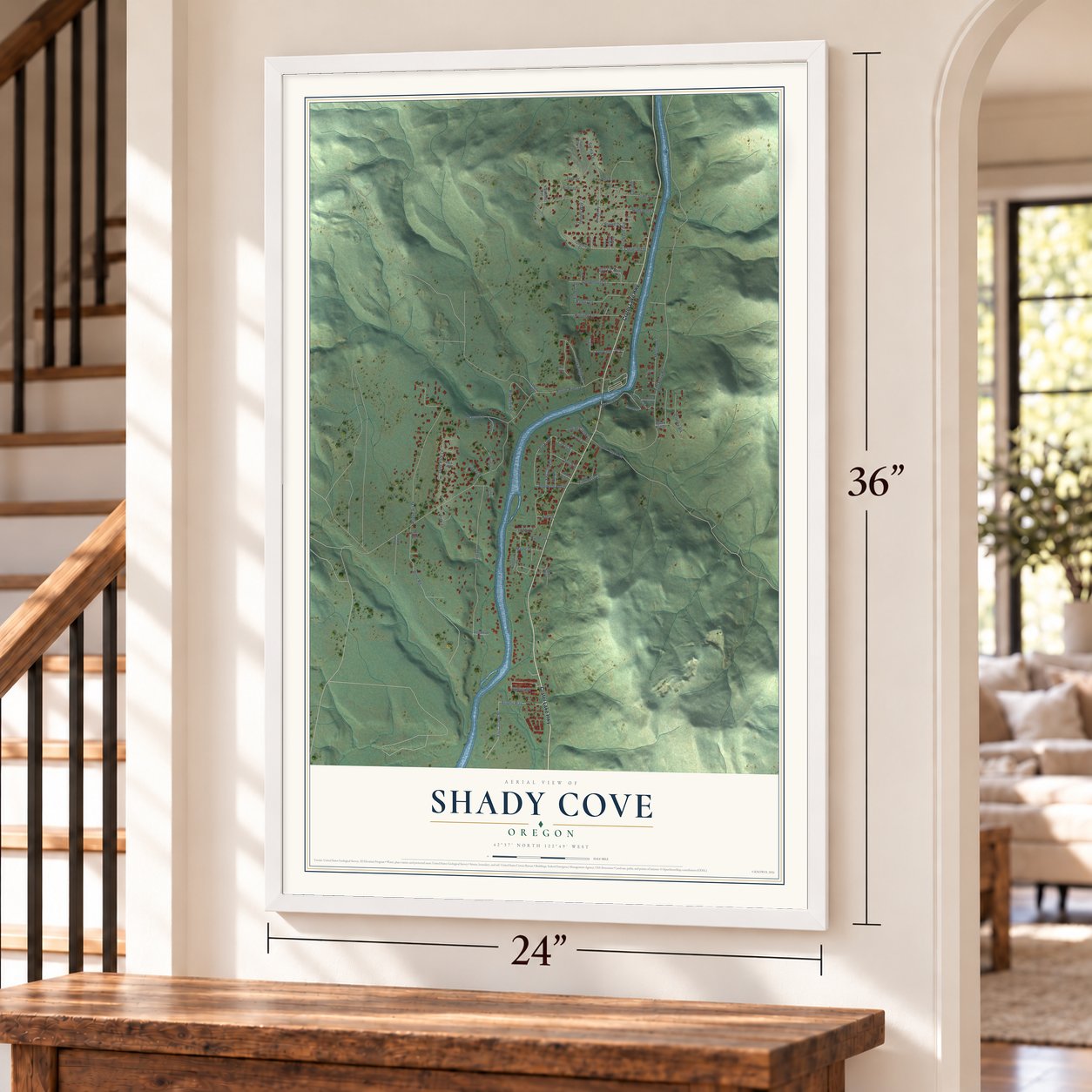 Shady Cove, Oregon map, 24 x 36 inch print in a white frame by a staircase