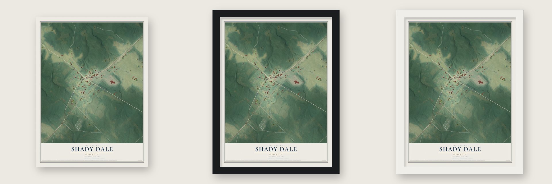 Shady Dale, Georgia map unframed, in a black wood frame and in a white wood frame