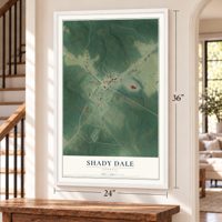 Shady Dale, Georgia map, 24 x 36 inch print in a white frame by a staircase