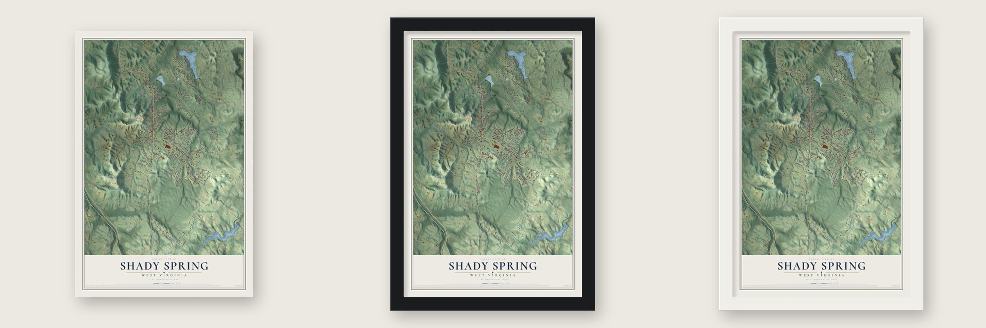 Shady Spring, West Virginia map unframed, in a black wood frame and in a white wood frame